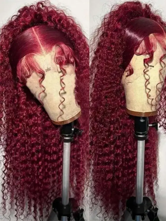 Perruques Lace Front 99J Bourgogne en Cheveux Humains 13x4, Ondulées Effet Mouillé, Bouclées Profond