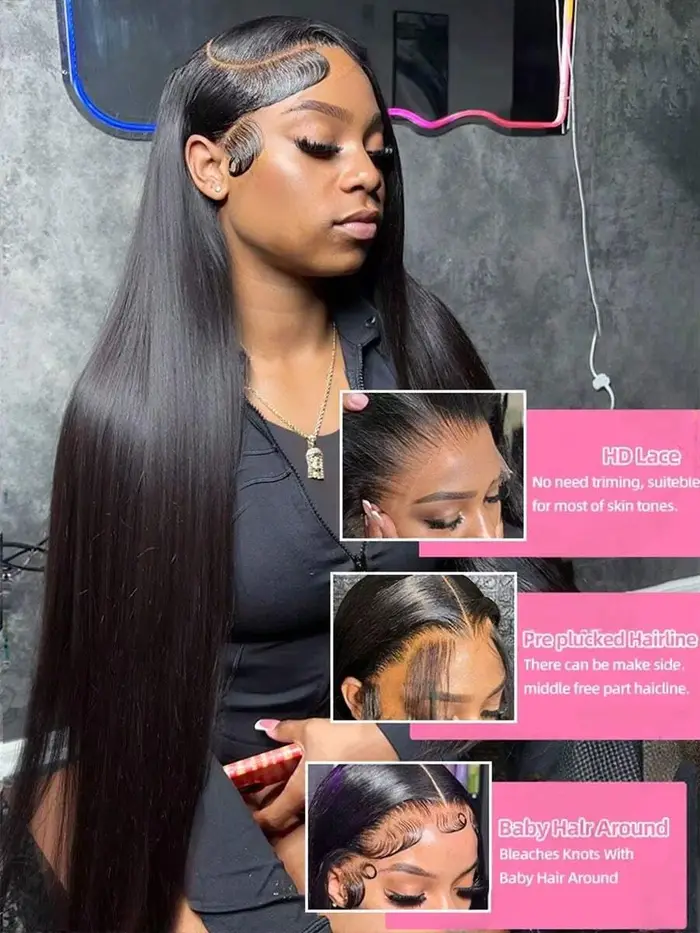Perruque Lace Front Lisse 13x6, Perruque Frontale en Cheveux Humains 13x4 Densité 180, Perruque HD T