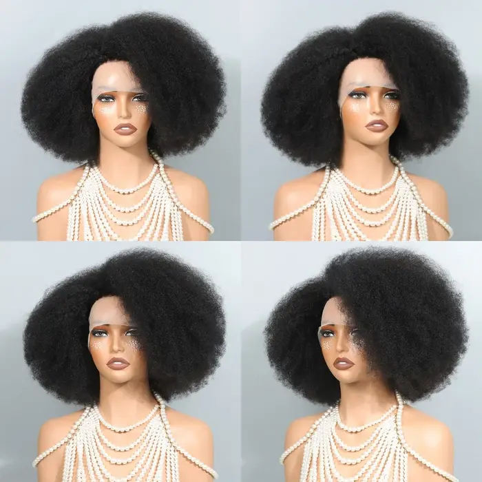 Perruques Courtes Afro Bouclées Kinky 13x5x2 avec Raie Latérale en Dentelle, Perruques Bob Courtes e