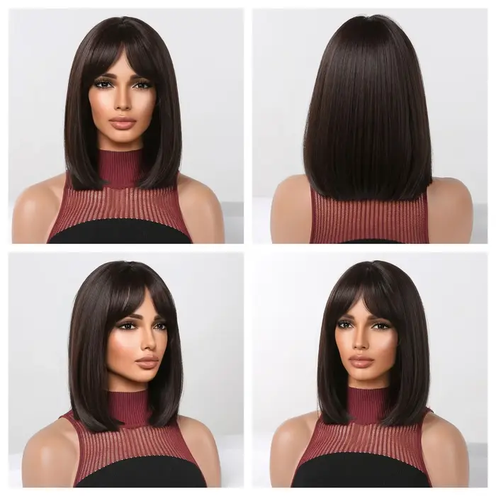 Perruque Synthétique Courte Bob Brun Foncé avec Frange pour Femme, Cheveux Lisses, Cosplay Lolita, P