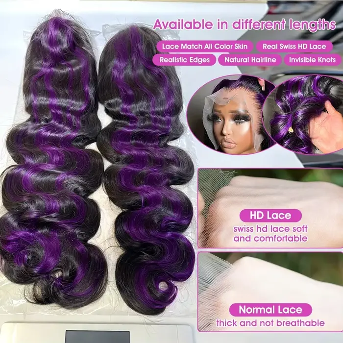 Perruque Dialola 13x6 13x4 HD Transparente en Dentelle Frontale, Cheveux Humains, Violet Foncé avec 