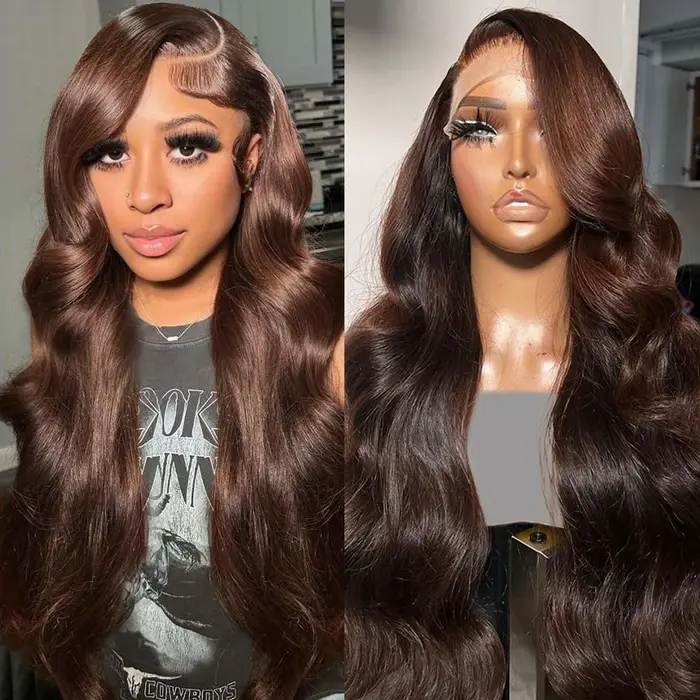 Perruques Lace Frontal Body Wave Marron Remy Pré-Pluckées Couleur Chocolat 13x6 HD Lace Front Cheveu