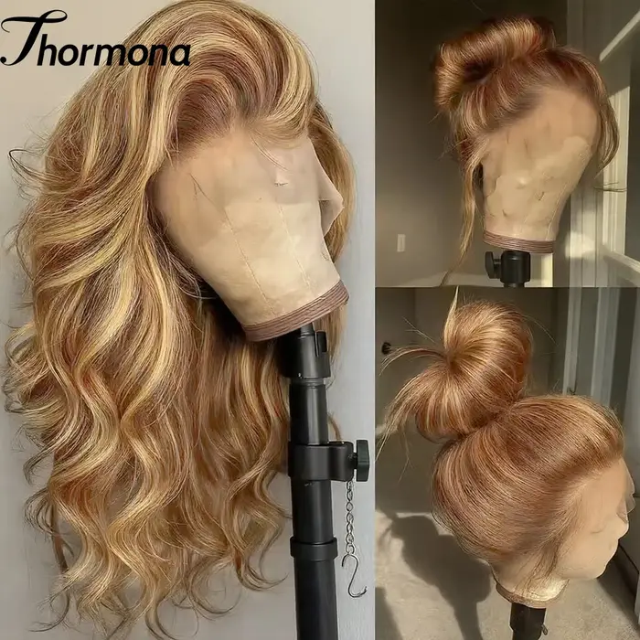 200% Balayage Blonde mettre en évidence 13x6 dentelle avant perruque vague de corps perruque synthét