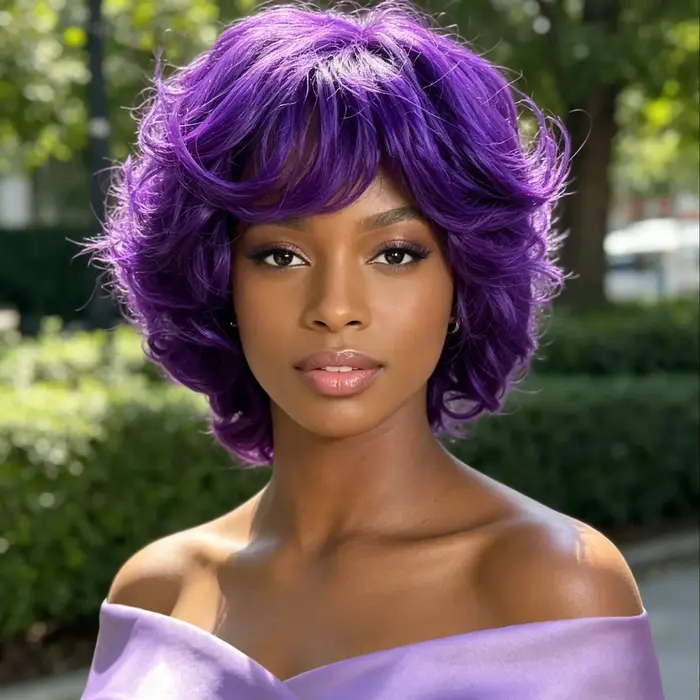 Perruques courtes bouclées violettes style pixie