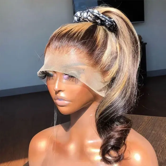 P4/27 miel blond 34 pouces droite dentelle avant perruques mettre en évidence sans colle perruque ch