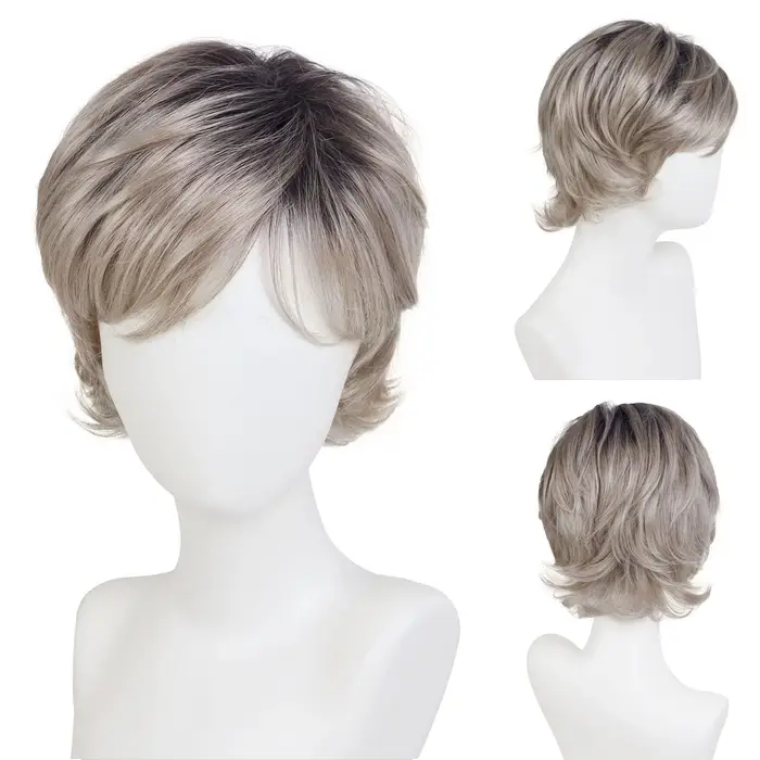 Perruque synthétique coupe lutin Blonde ombrée pour femmes âgées
