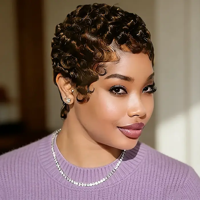 Perruque courte coupe pixie avec raie latérale en cheveux humains, perruques courtes dégradées avec 