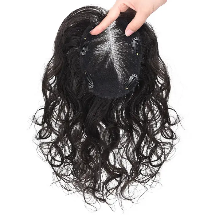 Topper de cheveux humains bouclés pour femme, cheveux raides, clips naturels, fait à la main, filet 