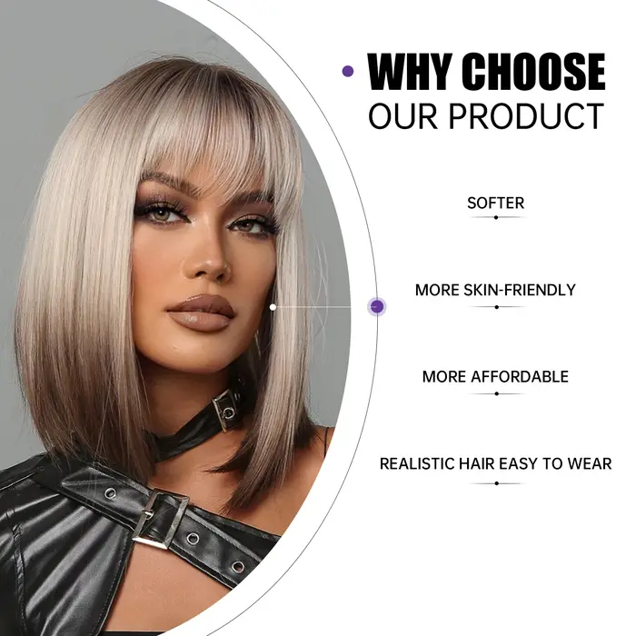 Perruques synthétiques courtes et lisses pour femmes, perruques Bob ombrées blondes à brunes avec frange, faux cheveux résistants à la chaleur pour fête Cosplay quotidienne