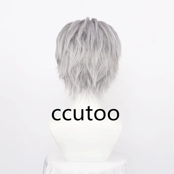 Perruque de Cosplay synthétique Vergil pour hommes, cheveux courts gris argenté, lisses au dos, résistants à la chaleur + bonnet de perruque