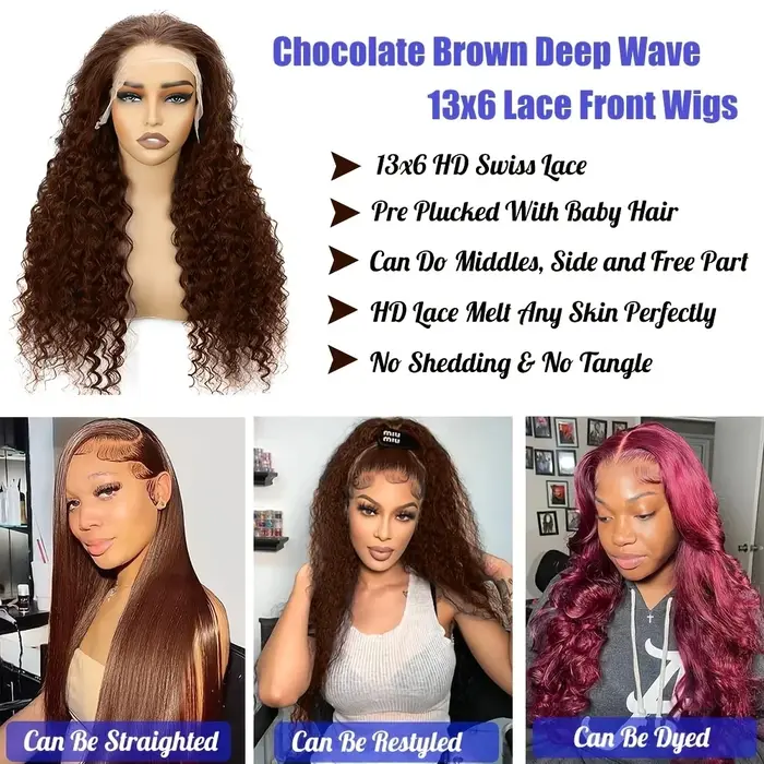 Perruque Lace Front Wig naturelle brune chocolat ondulée, cheveux humains ondulés, 13x6, densité 220