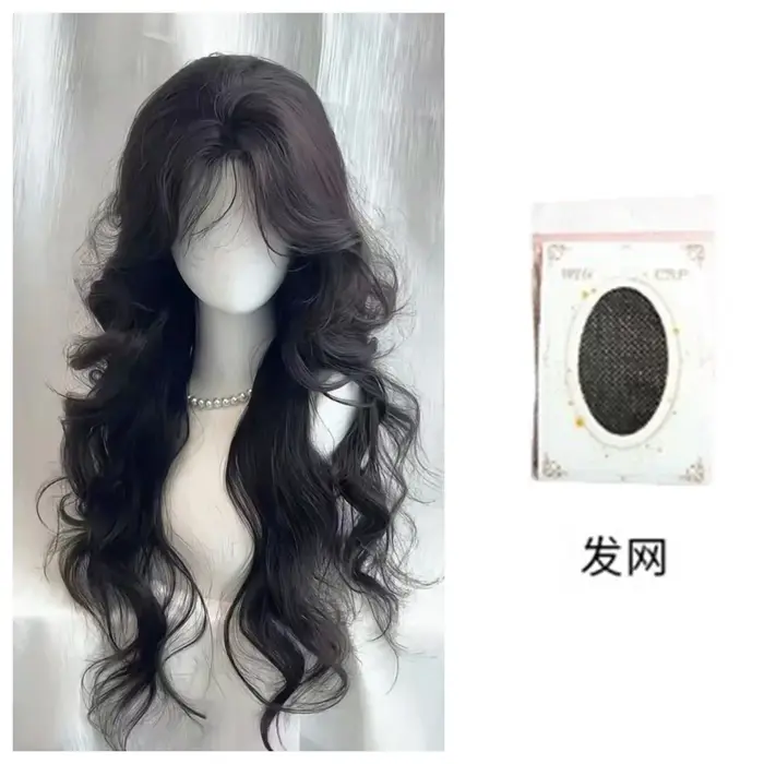 Perruque noire Lolita pour femmes, cheveux longs et ondulés, perruque bouclée de 75cm avec frange, b