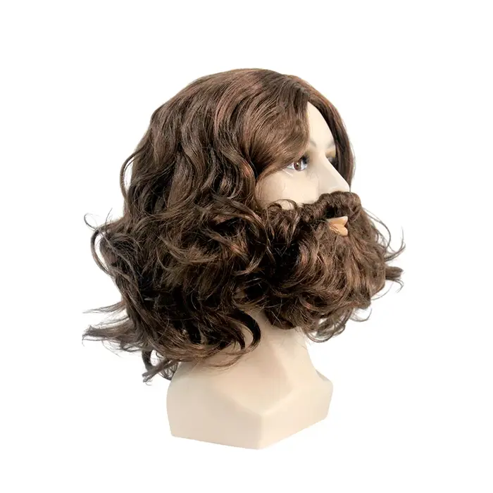 Perruque synthétique ondulée brune avec barbe