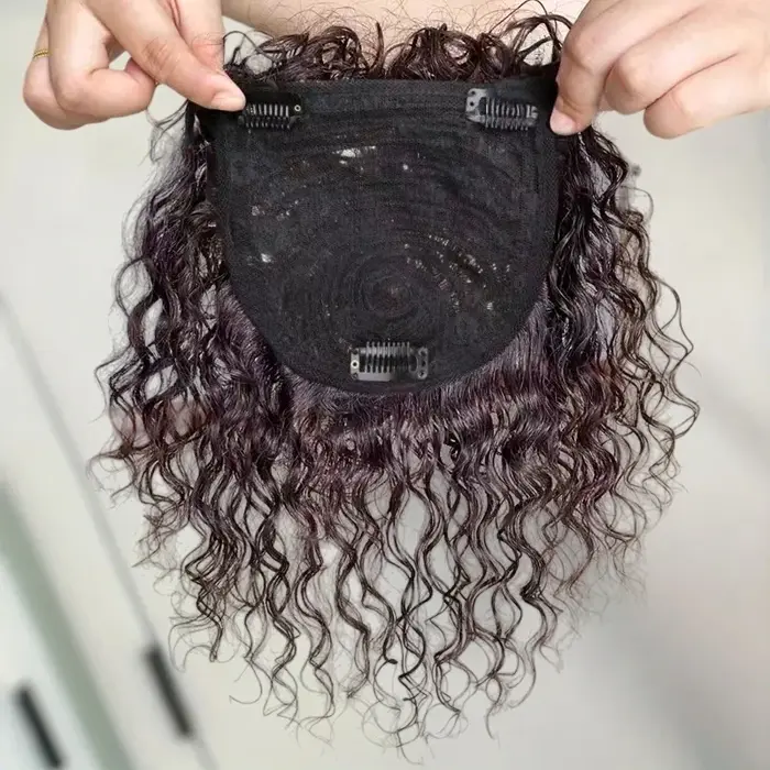 13x14CM cheveux humains bouclés Topper avec frange sans couture moelleux court