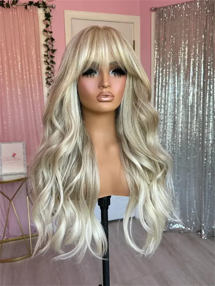 Perruque Lace Front Wig sans colle avec frange, 28 pouces, cheveux humains synthétiques de luxe, fib
