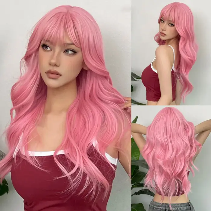 Perruque longue ondulée blanche avec frange, cheveux synthétiques, fibre résistante à la chaleur, as