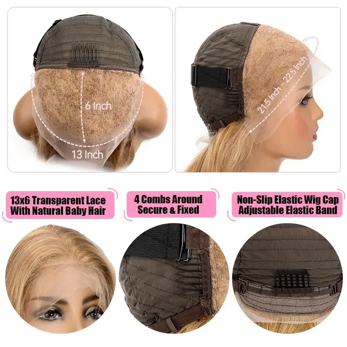 Perruque brésilienne ondulée 34-36 pouces, 27 blond miel, en cheveux humains, avec dentelle frontale