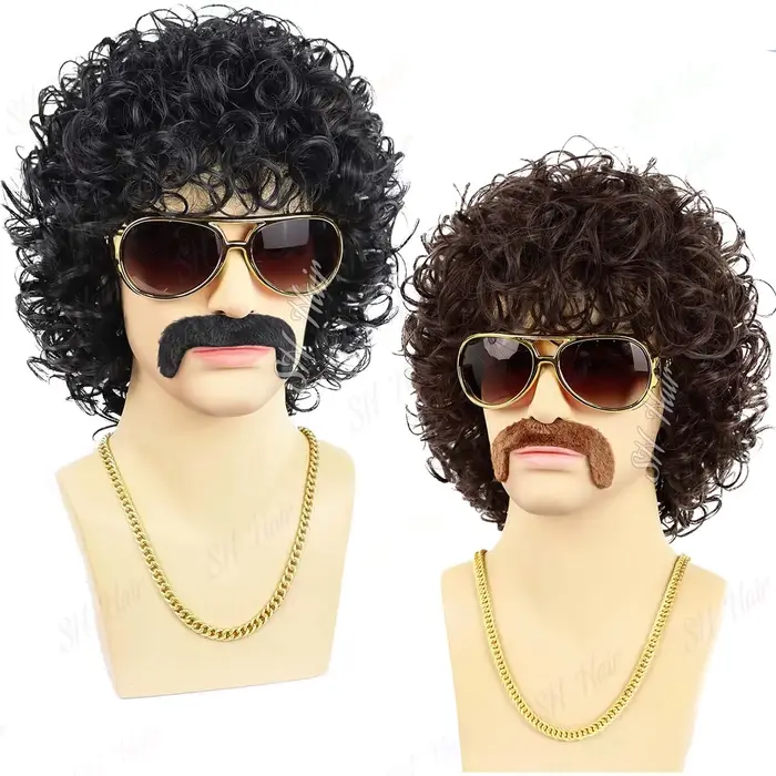 Synthétique Marron | Perruque afro bouclée noire + lunettes + collier + moustache