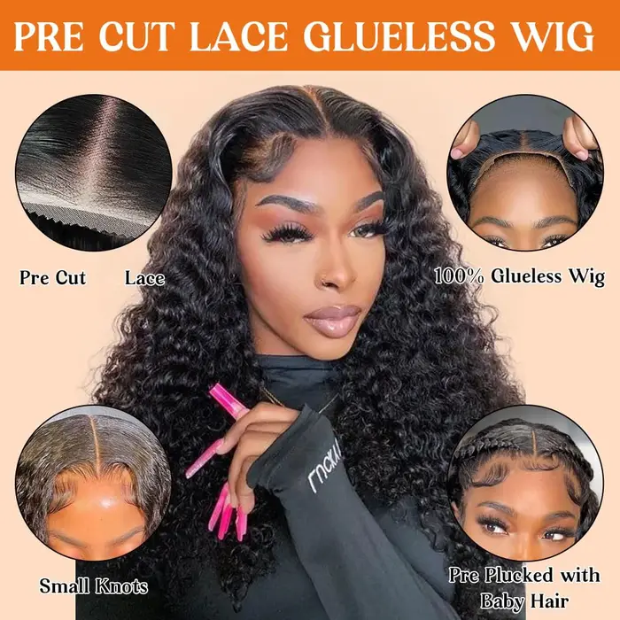 7x6 vague profonde cheveux humains pré plumé bouclés couleur noire naturelle perruques sans colle pe