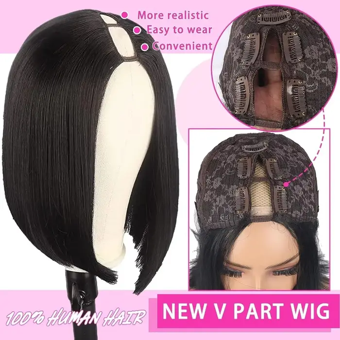 V partie perruque cheveux humains pour femmes court Bob droite sans colle brésilien Remy Bob pince en demi