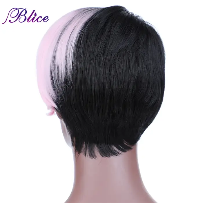 Blice-Perruque Synthétique Courte pour Femme, Perruques Colorées, Bouclée Naturelle, Frange Latérale, Fabriquée à la Machine, Mélange de Documents, Rouge Noir et Rose