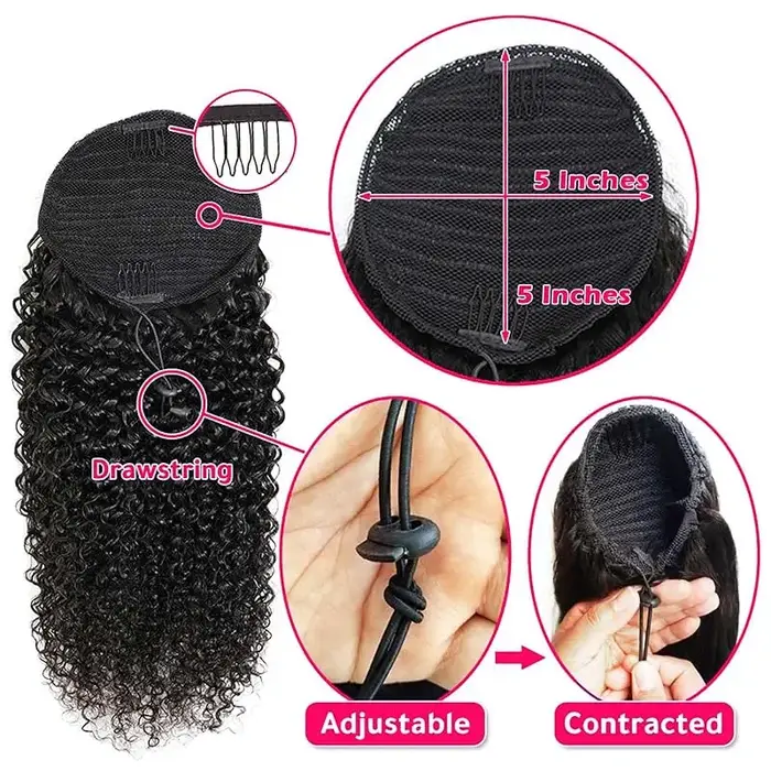 Extensions de queue de cheval bouclées vague profonde cordon queue de cheval pour les femmes noires cheveux humains avec pince en queue de cheval épaisse cheveux naturels # 1B