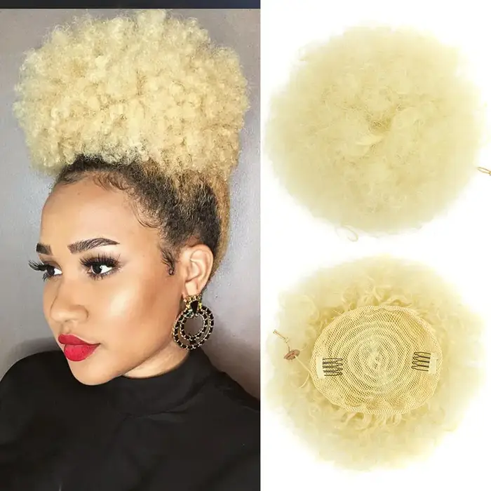 Postiche chignon afro synthétique bouffante courte pour femmes blondes, postiche chignon bouclé, queue de cheval Wstring de proximité, extensions de cheveux à pince Updo Kinky