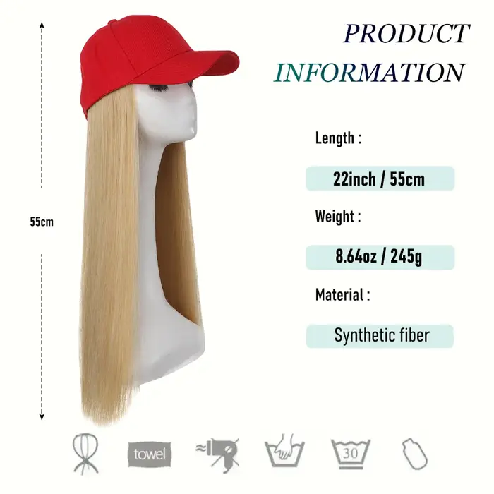 Perruques Chapeau - Perruque synthétique de 22 pouces avec casquette de baseball rouge