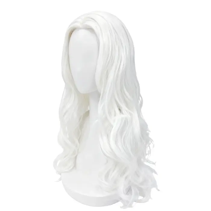 Perruque blanche longue ondulée avec partie centrale – Fiber synthétique d'apparence naturelle pour cosplay
