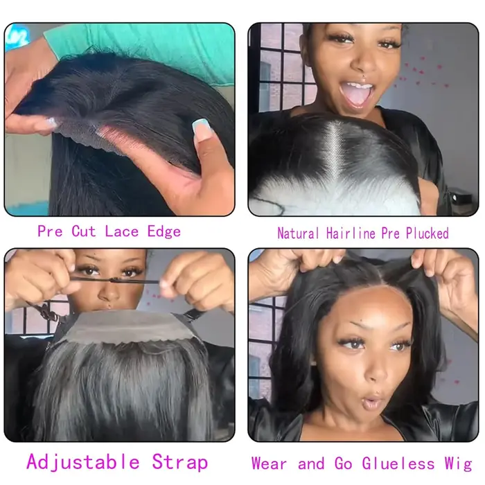 Perruque brésilienne sans colle, cheveux humains lisses, pré-coupés, sans colle, prêtes à porter, pr