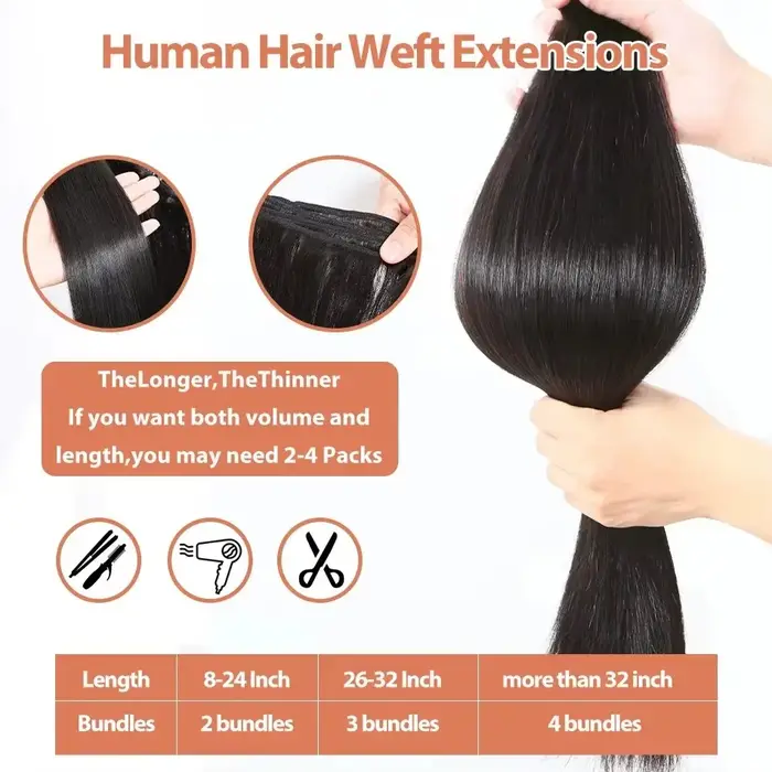 Extensions de cheveux humains brésiliens vierges non traités, lisses comme des baguettes, 28 28 30 p