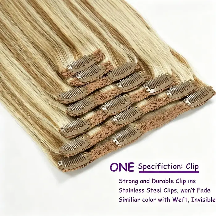 Extensions de cheveux à clipser, cheveux humains vierges, extensions brésiliennes à clipser, lisses, couleur blonde pour femmes, 16-26 pouces