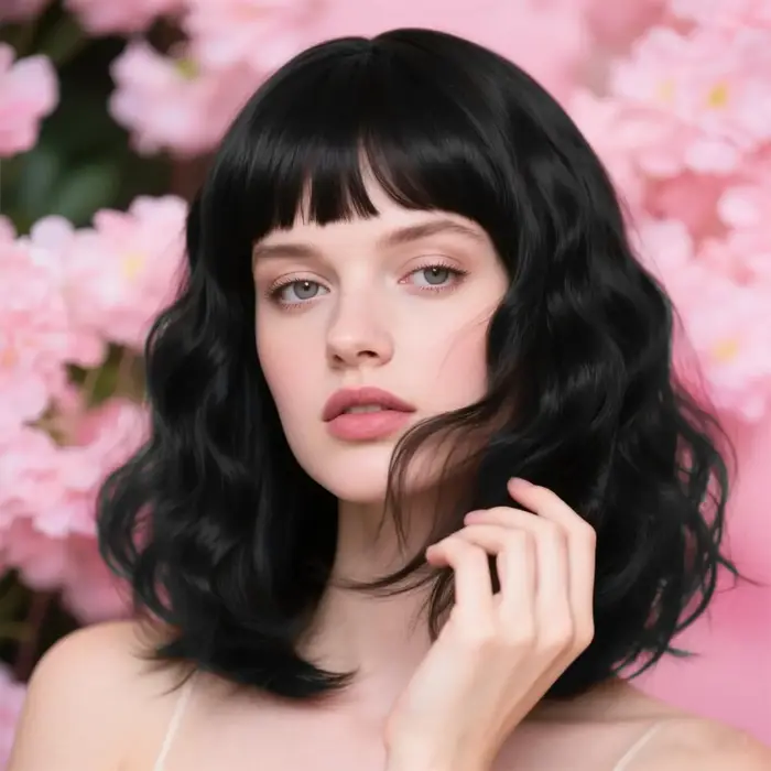Perruque Bob ondulée bouclée synthétique marron naturel avec frange pour femme