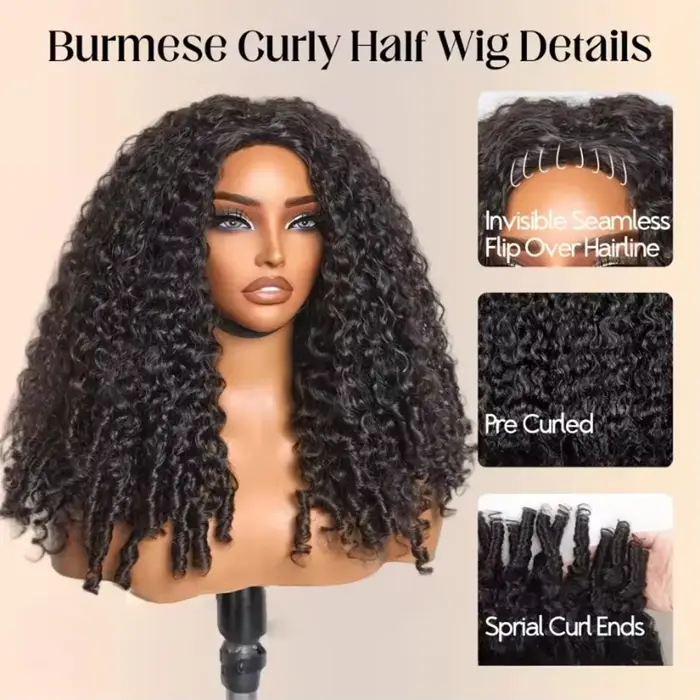Demi-perruque 3-en-1 avec cordon de serrage, demi-perruque bouclée birmane à porter sur le côté, perruque sans colle, cheveux humains bruts, prête à porter, demi-perruque à ondulations profondes
