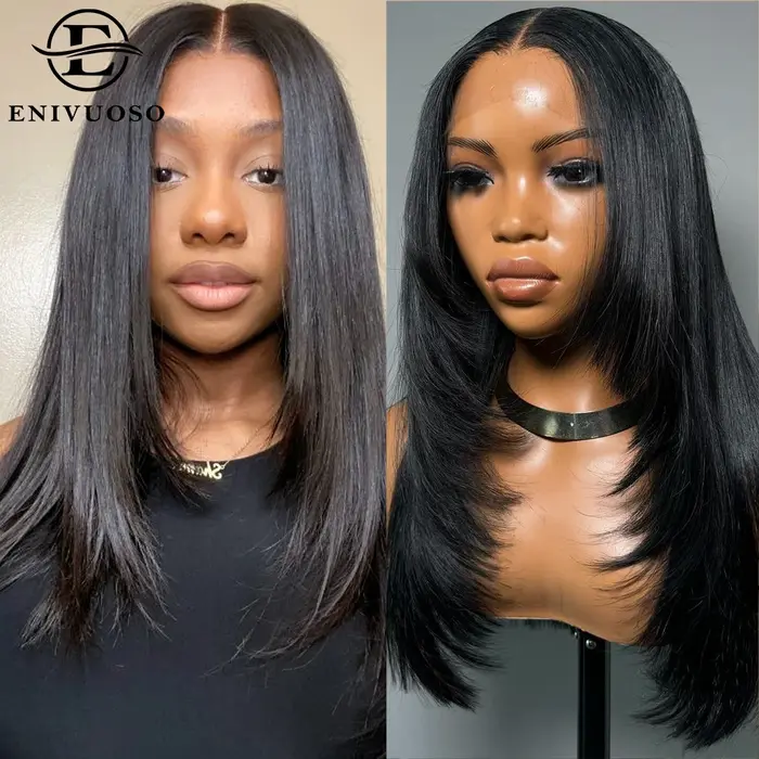 Perruque Lace Front Wig synthétique lisse et coupe superposée, sans colle, 13x4, coupe papillon, pou