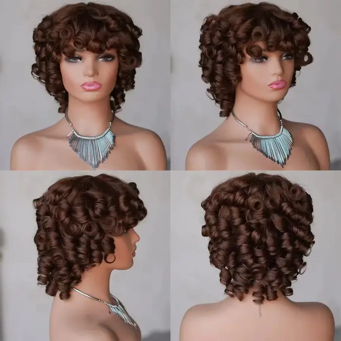 Perruque courte bouclée Funmi prête à porter, entièrement fabriquée à la machine, avec frange, sans colle, boucles lâches, en cheveux humains vietnamiens pour femmes