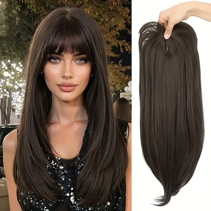 Extensions de cheveux synthétiques à clips avec frange : postiche longue et droite haute température