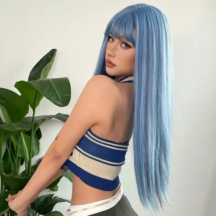 Perruques Synthétiques sulfDroites Bleues avec Reflets Gris avec Frange, Cheveux de Cosplay pour Fem