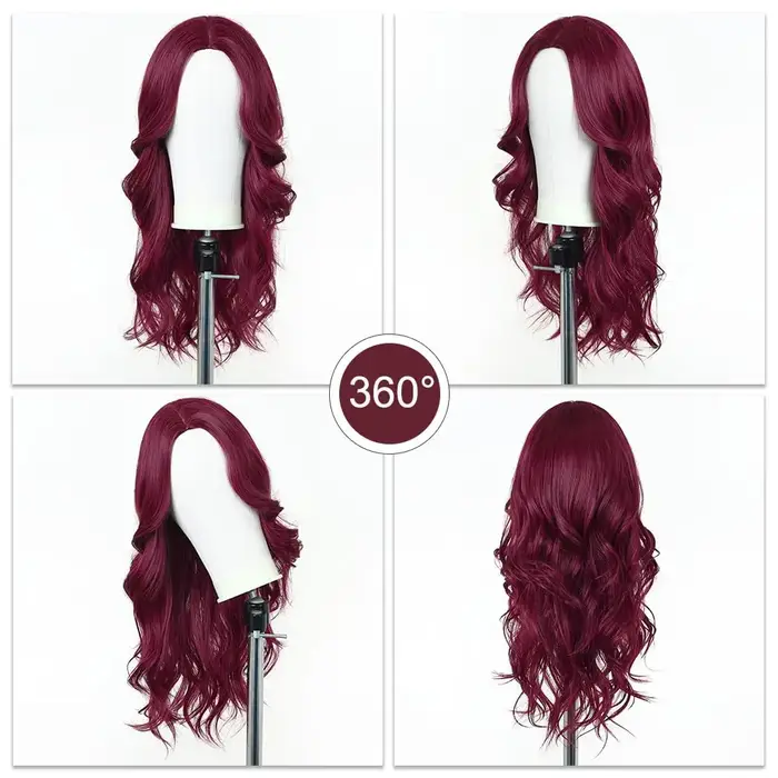 Perruque synthétique couleur vin rouge avec grandes boucles pour fête