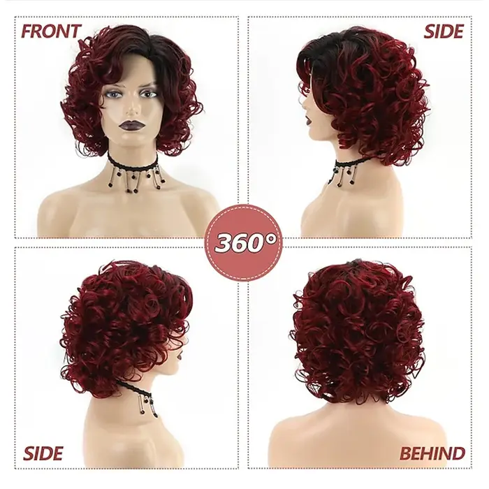 HAIRJOY cheveux synthétiques courts bordeaux bouclés perruques pour femmes Ombre vin rouge perruque
