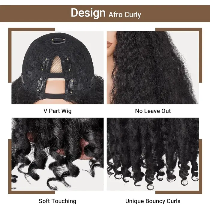 Perruque Afro V-Part frisée crépue pour femmes noires, perruque sans colle prête à porter avec des boucles rebondissantes uniques aux pointes, synthétique
