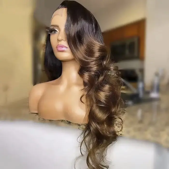 Perruque Lace Frontal Wig Body Wave brésilienne naturelle, cheveux ombrés, blond, 1b/4/27/30, 13x4, 