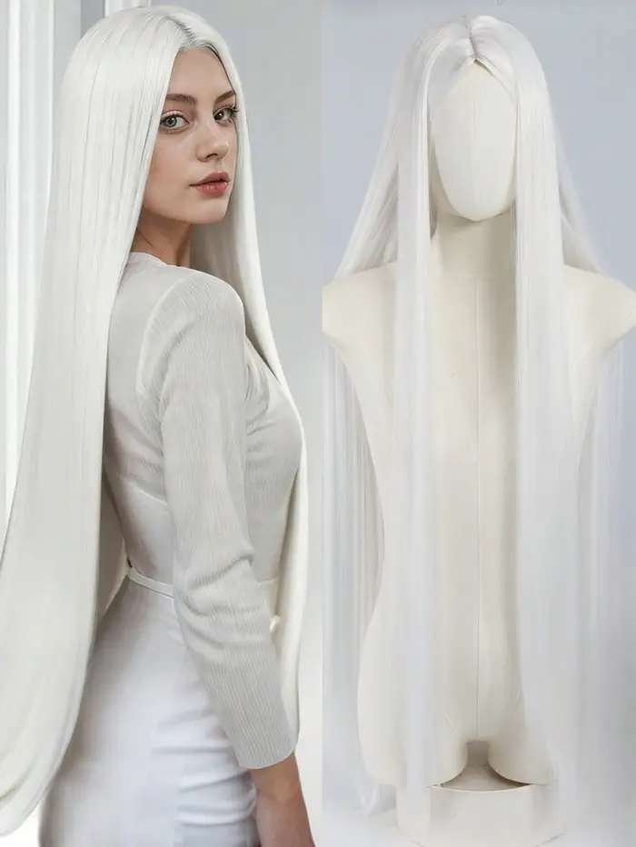 Perruque blanche naturelle à raie centrale pour femme