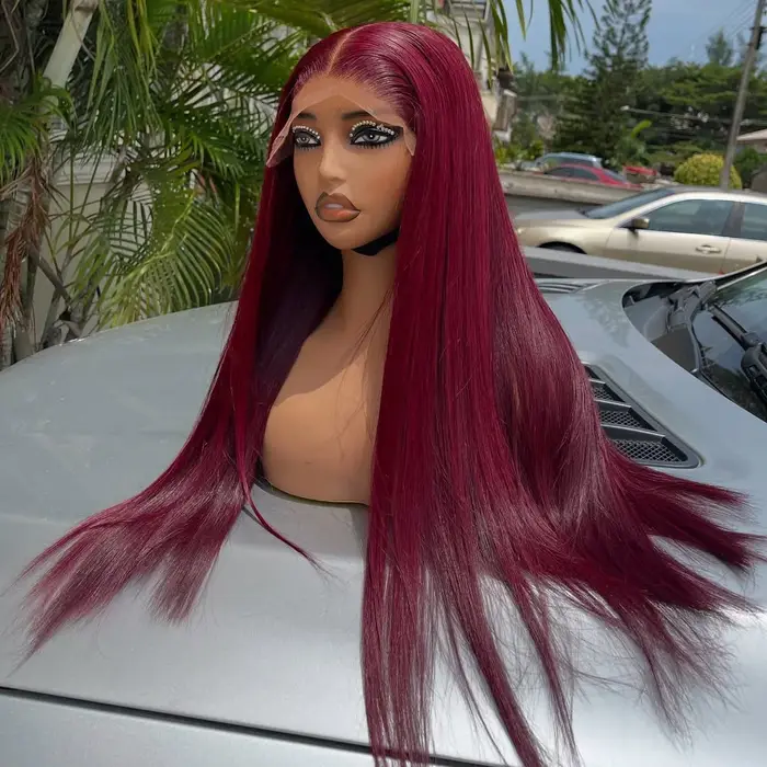 Perruque Lace Frontal Wig synthétique lisse 99J, couleur rouge bordeaux, 13x4x1 HD, pre-plucked, nœu