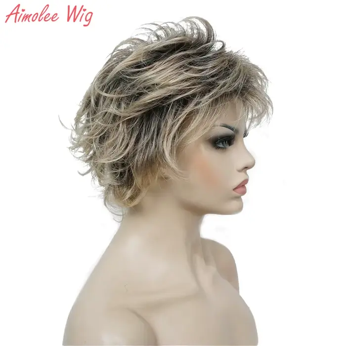 Perruques synthétiques pour femmes, cheveux courts et lisses avec couches, coupe Pixie, blondes et n