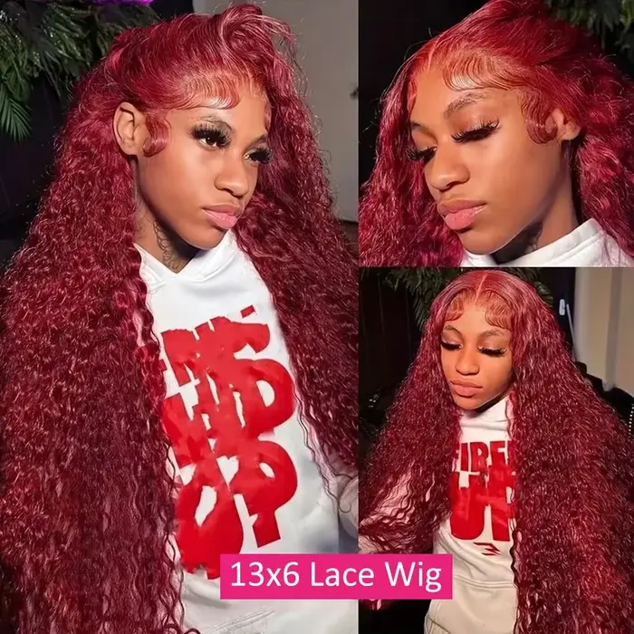Perruque Lace Front Wig naturelle brésilienne ondulée, cheveux bouclés, bordeaux 99j, 13x6 Hd, Deep