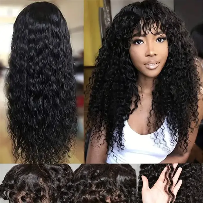 Perruque brésilienne en cheveux humains ondulés avec frange, qualité 15A, fabriquée à la machine pour femmes noires, perruques bouclées à ondulations profondes à prix réduit en promotion
