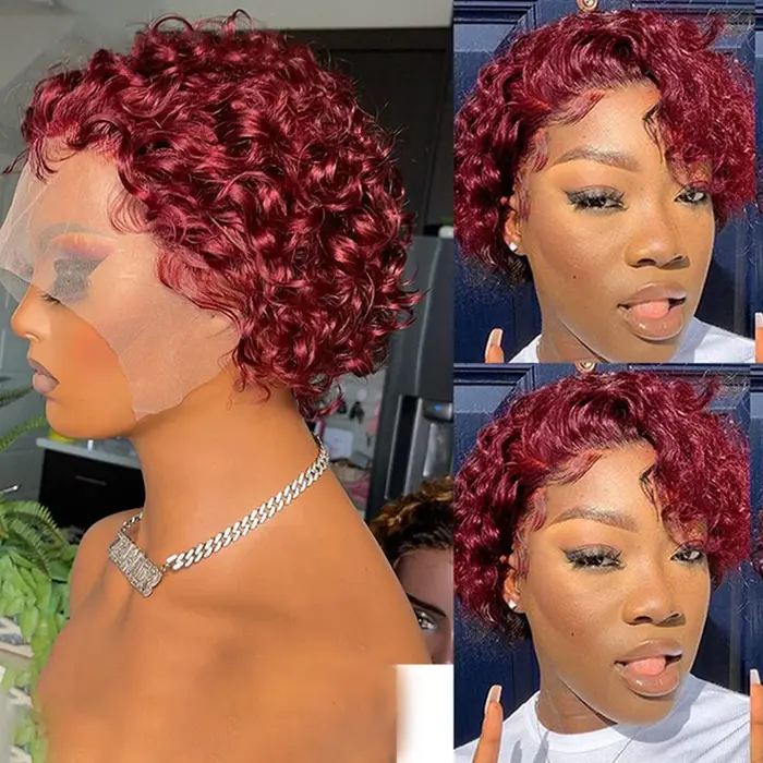 Perruque courte bouclée coupe pixie couleur miel avec mèches bordeaux 99J