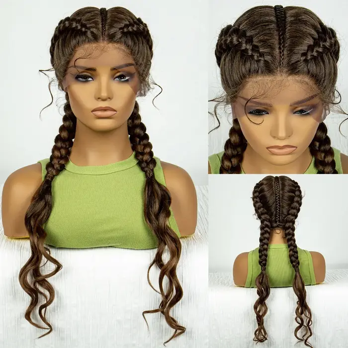 Perruque Synthétique Tressée Cornrow avec Vague Bouclée pour Femme