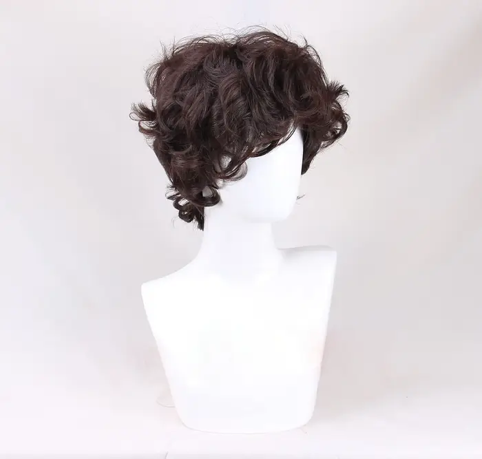 Frodo Baggins Cosplay perruque de haute qualité courte marron bouclés résistant à la chaleur cheveux synthétiques fête